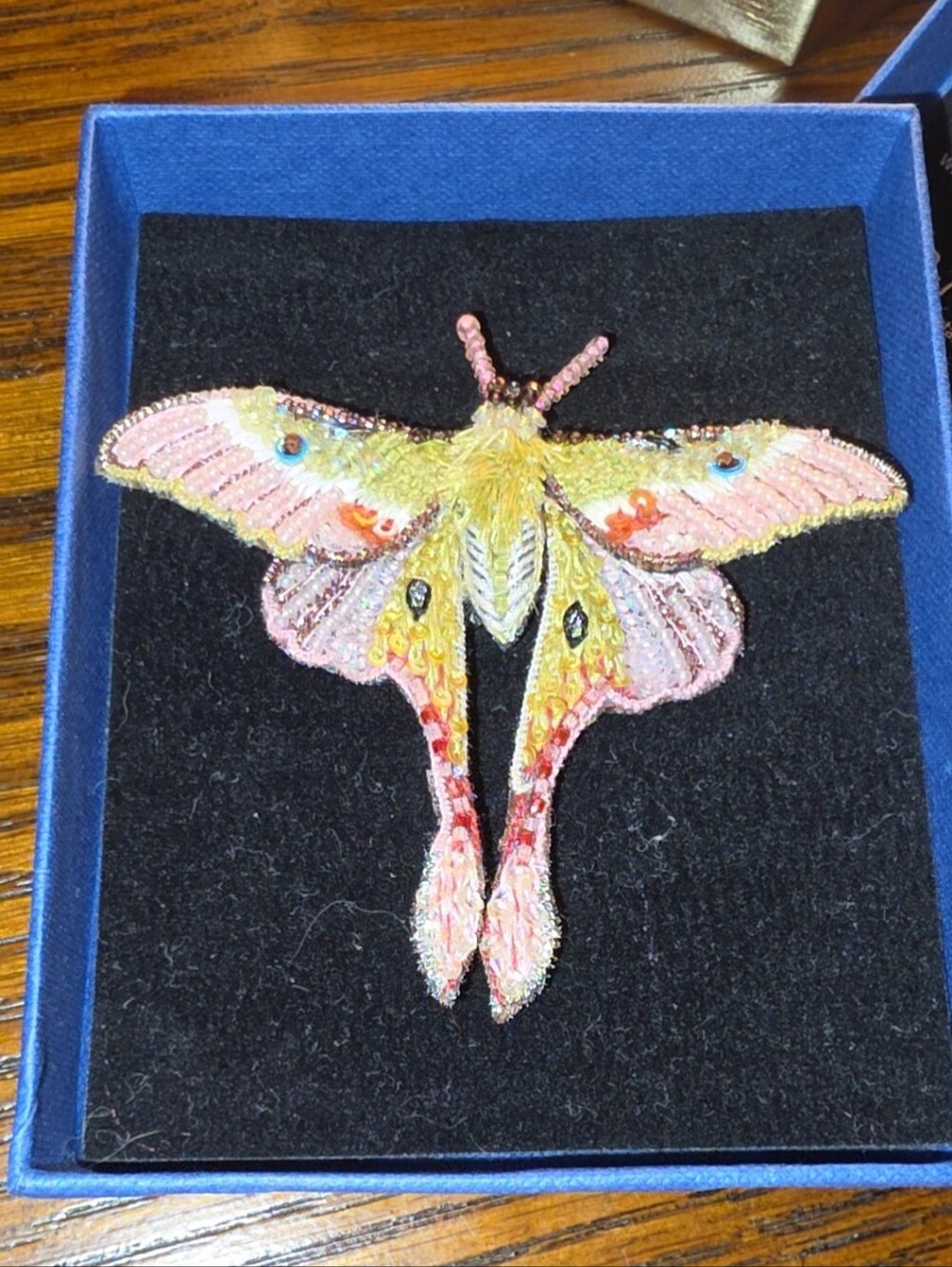 Trovelore Moon Moth Embellished Brooch. Handmade Beaded Embroidery. Box Included